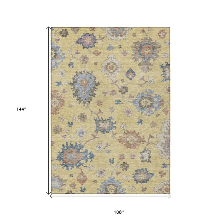 9' X 12' Gold Brown And Blue Floral Washable Indoor Outdoor Area Rug