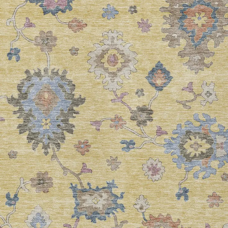 9' X 12' Gold Brown And Blue Floral Washable Indoor Outdoor Area Rug