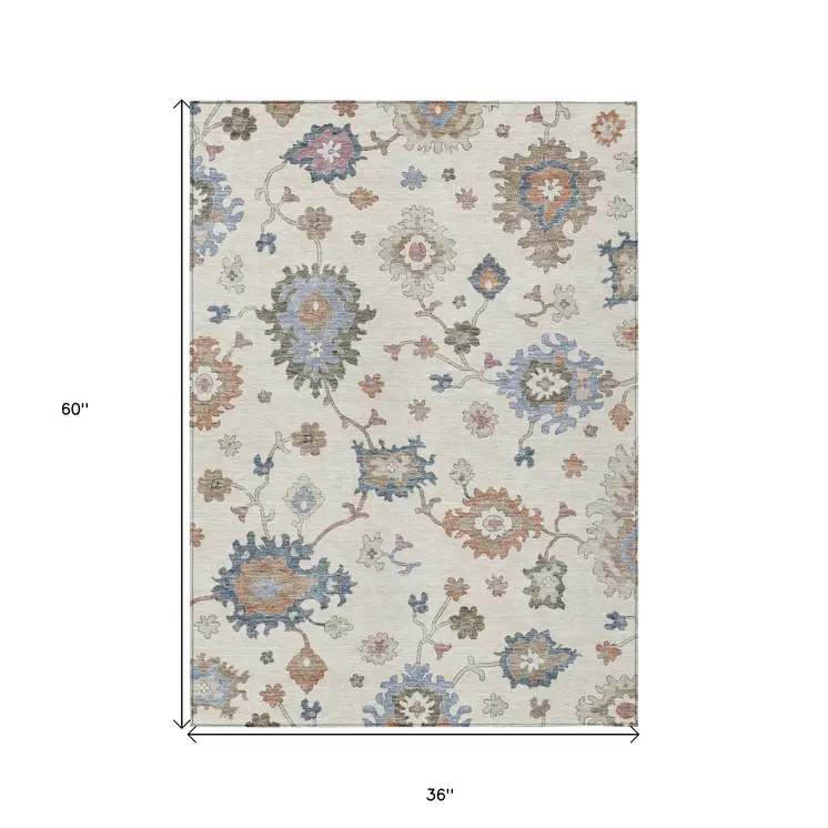3' X 5' Ivory Brown And Blue Floral Washable Indoor Outdoor Area Rug