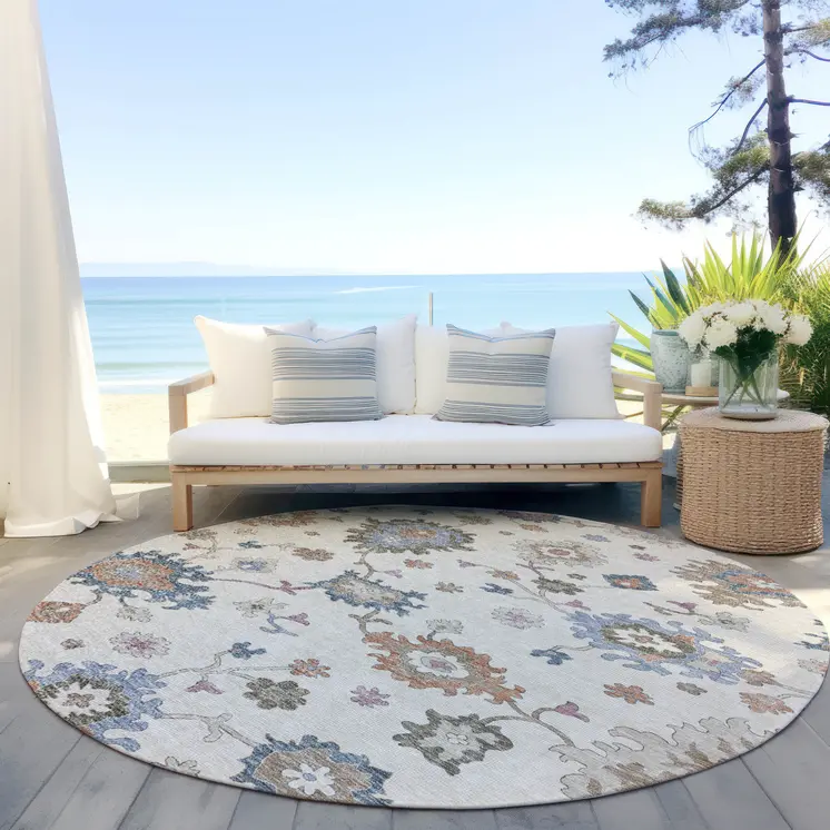 8' Ivory Brown And Blue Round Floral Washable Indoor Outdoor Area Rug