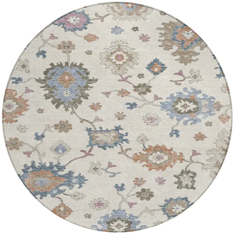 8' Ivory Brown And Blue Round Floral Washable Indoor Outdoor Area Rug