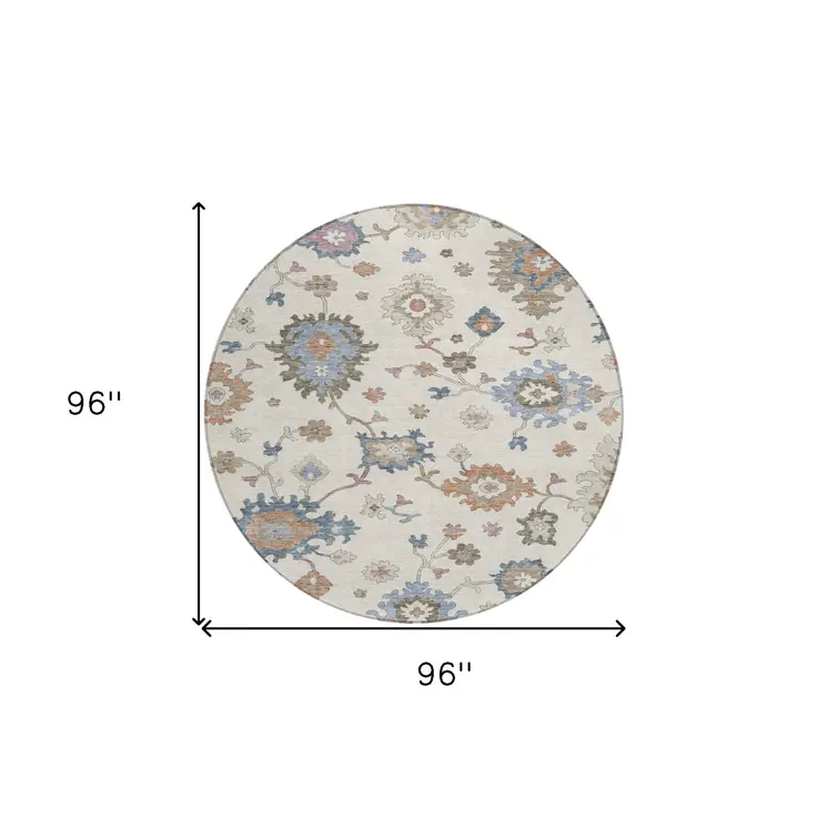 8' Ivory Brown And Blue Round Floral Washable Indoor Outdoor Area Rug