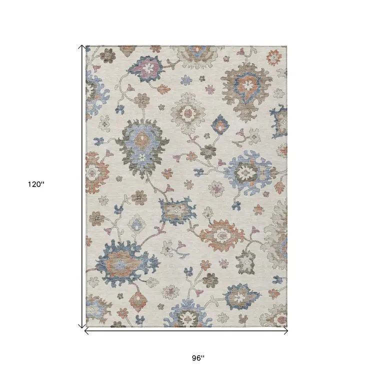 8' X 10' Ivory Brown And Blue Floral Washable Indoor Outdoor Area Rug