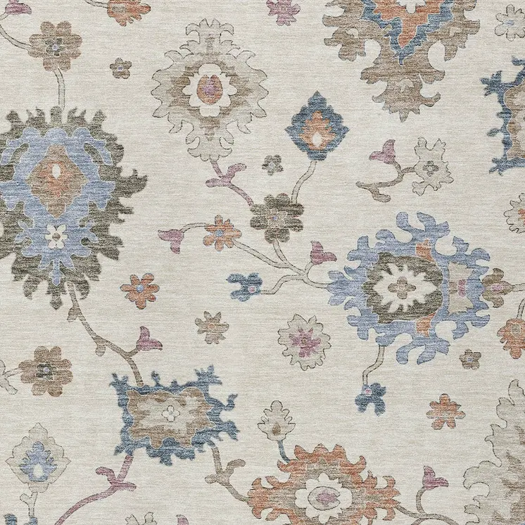 8' X 10' Ivory Brown And Blue Floral Washable Indoor Outdoor Area Rug