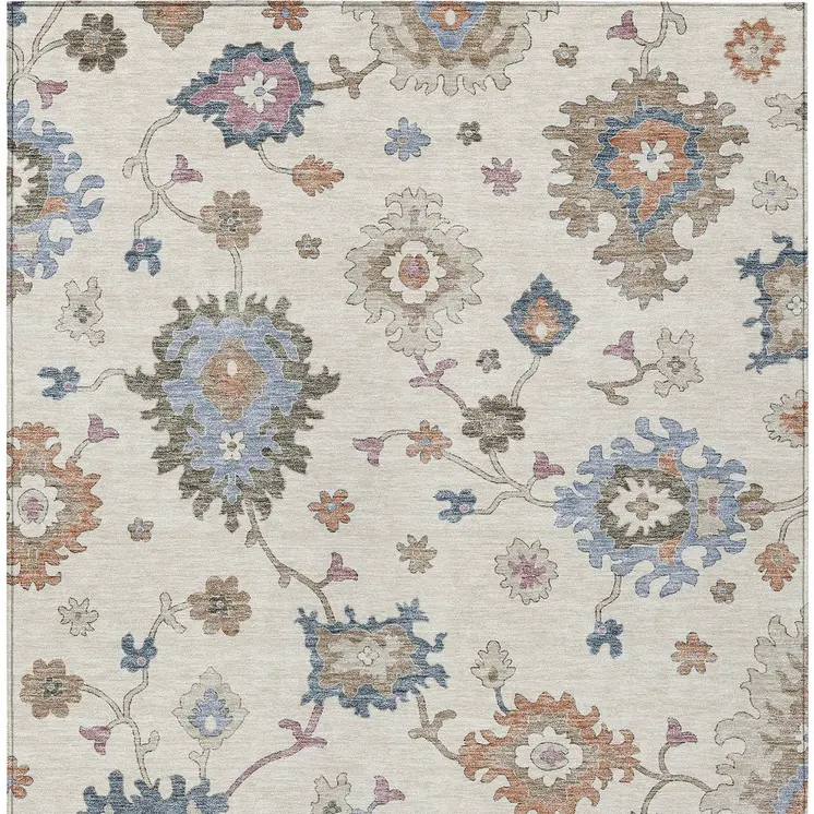 10' X 14' Ivory Brown And Blue Floral Washable Indoor Outdoor Area Rug
