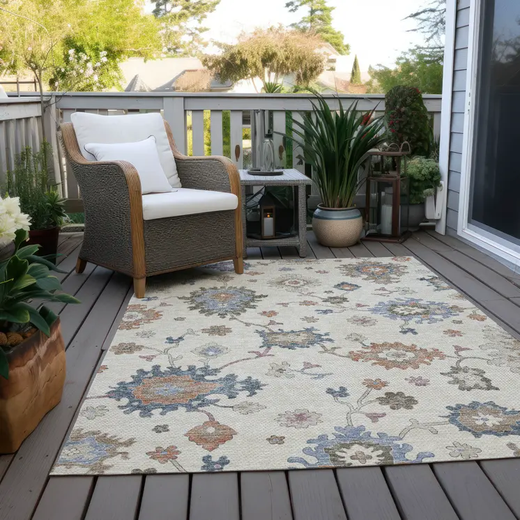 10' X 14' Ivory Brown And Blue Floral Washable Indoor Outdoor Area Rug