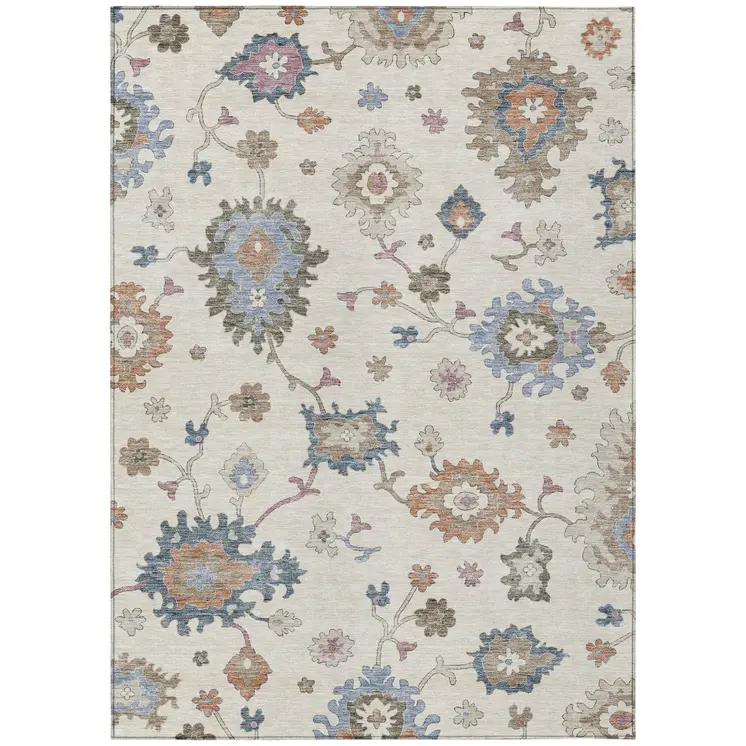 10' X 14' Ivory Brown And Blue Floral Washable Indoor Outdoor Area Rug