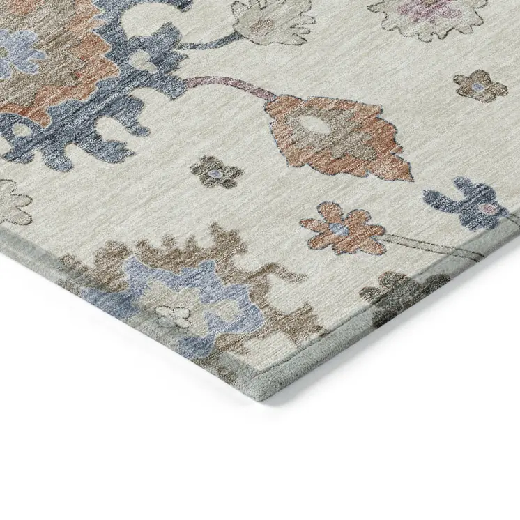 10' X 14' Ivory Brown And Blue Floral Washable Indoor Outdoor Area Rug