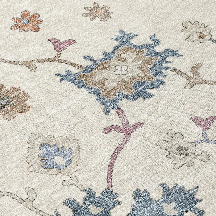 10' X 14' Ivory Brown And Blue Floral Washable Indoor Outdoor Area Rug