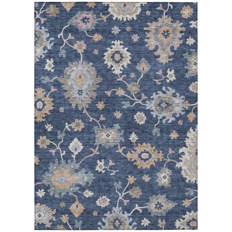 3' X 5' Navy Blue Beige And Gray Floral Washable Indoor Outdoor Area Rug