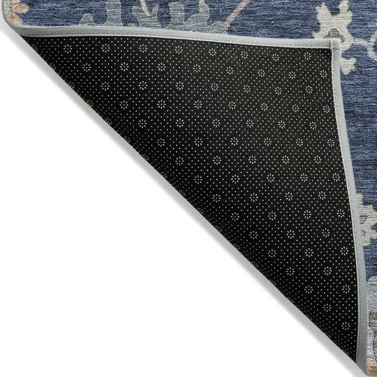 3' X 5' Navy Blue Beige And Gray Floral Washable Indoor Outdoor Area Rug