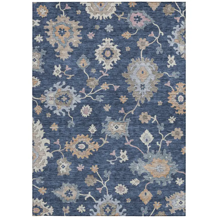 3' X 5' Navy Blue Beige And Gray Floral Washable Indoor Outdoor Area Rug