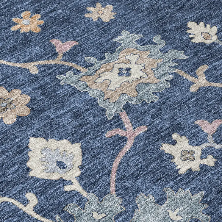 3' X 5' Navy Blue Beige And Gray Floral Washable Indoor Outdoor Area Rug