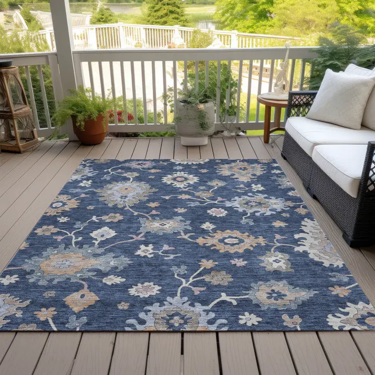 3' X 5' Navy Blue Beige And Gray Floral Washable Indoor Outdoor Area Rug