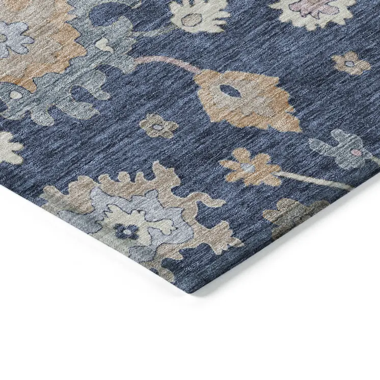 5' X 8' Navy Blue Beige And Gray Floral Washable Indoor Outdoor Area Rug