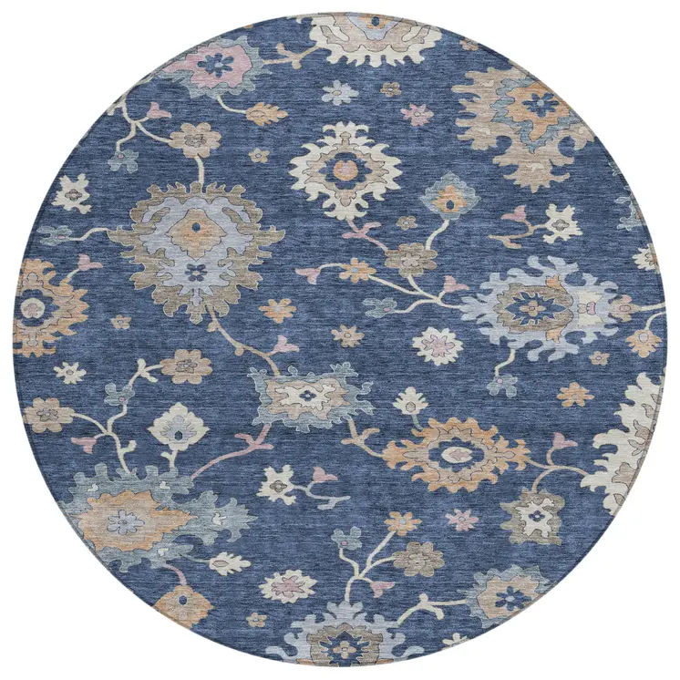 8' Navy Blue Beige And Gray Round Floral Washable Indoor Outdoor Area Rug