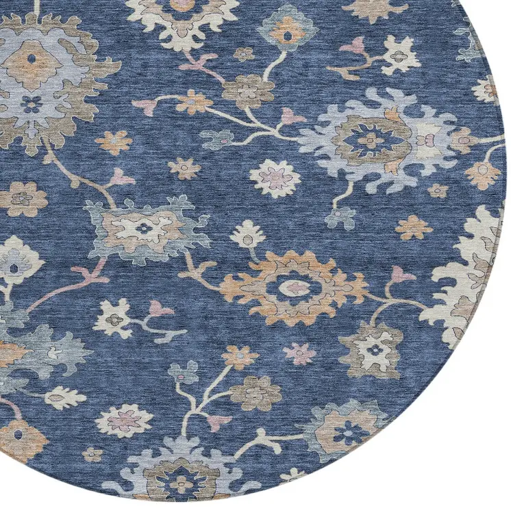 8' Navy Blue Beige And Gray Round Floral Washable Indoor Outdoor Area Rug