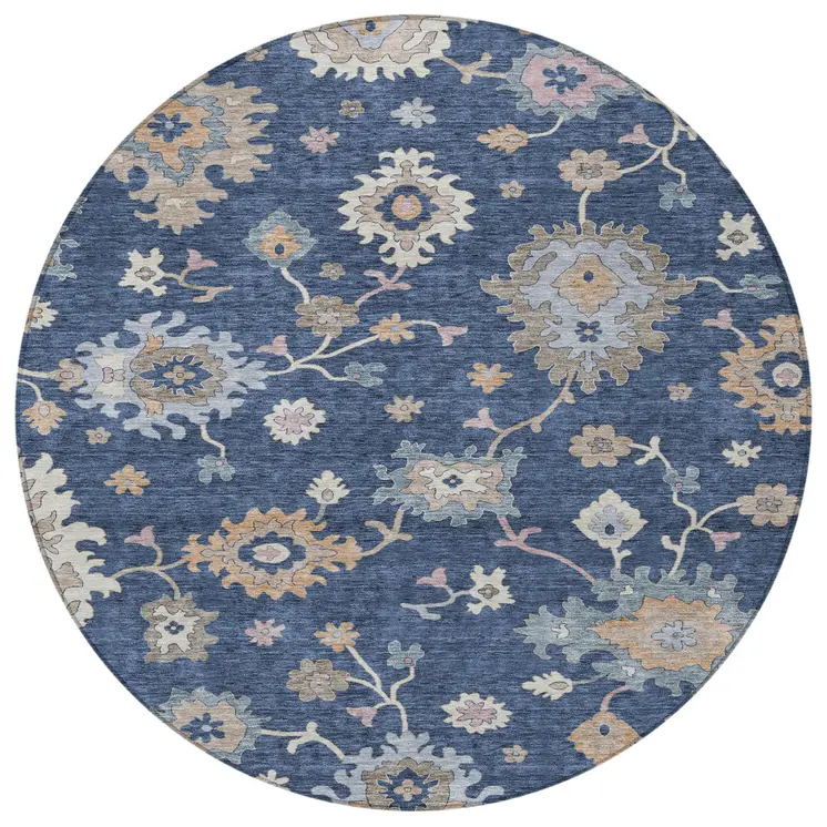 8' Navy Blue Beige And Gray Round Floral Washable Indoor Outdoor Area Rug