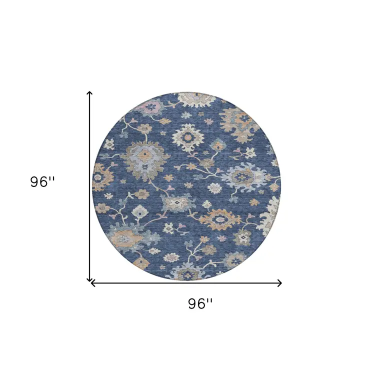 8' Navy Blue Beige And Gray Round Floral Washable Indoor Outdoor Area Rug