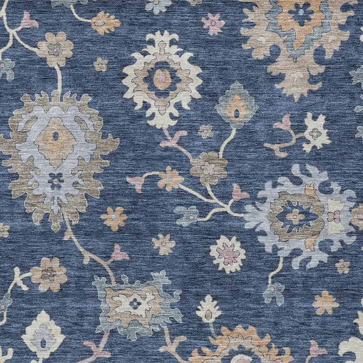 8' X 10' Navy Blue Beige And Gray Floral Washable Indoor Outdoor Area Rug
