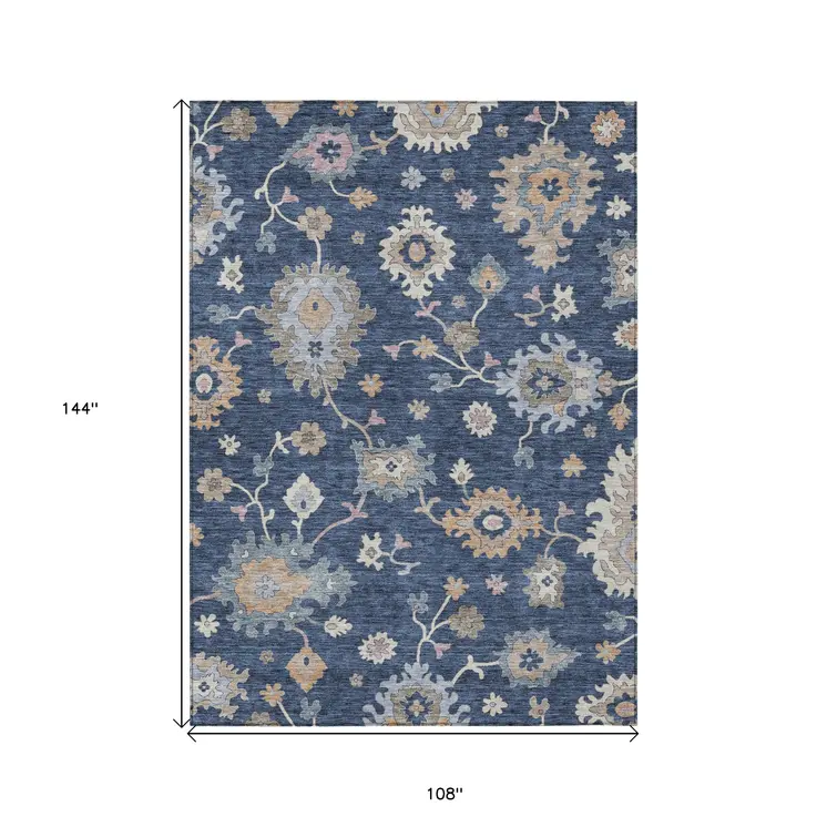 9' X 12' Navy Blue Beige And Gray Floral Washable Indoor Outdoor Area Rug