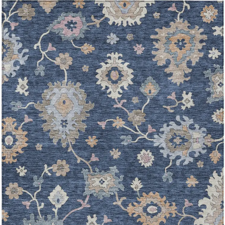 10' X 14' Navy Blue Beige And Gray Floral Washable Indoor Outdoor Area Rug