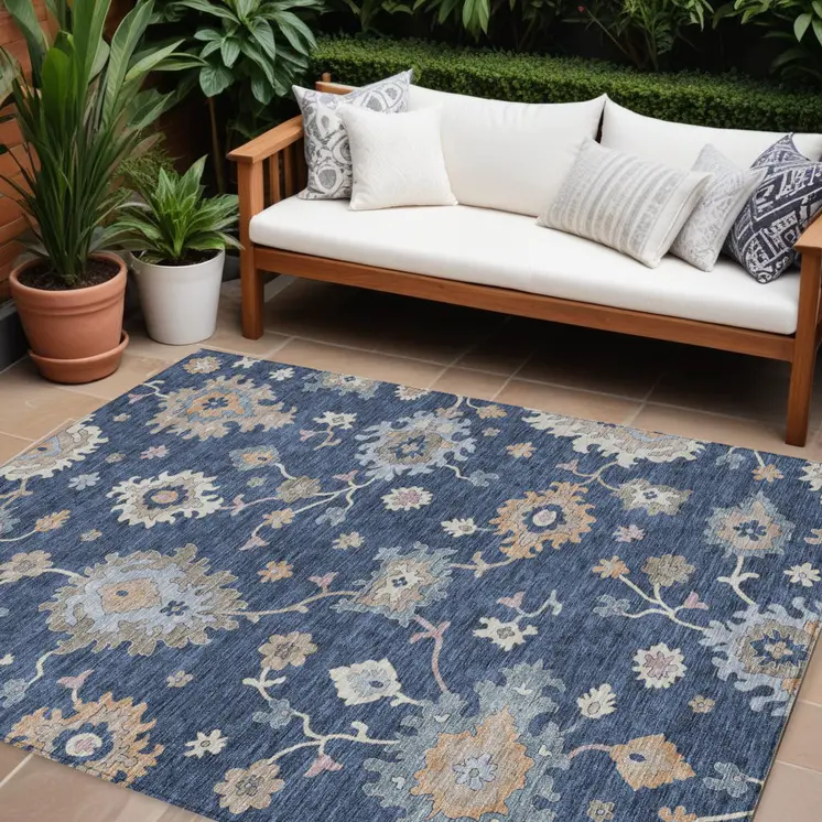 10' X 14' Navy Blue Beige And Gray Floral Washable Indoor Outdoor Area Rug