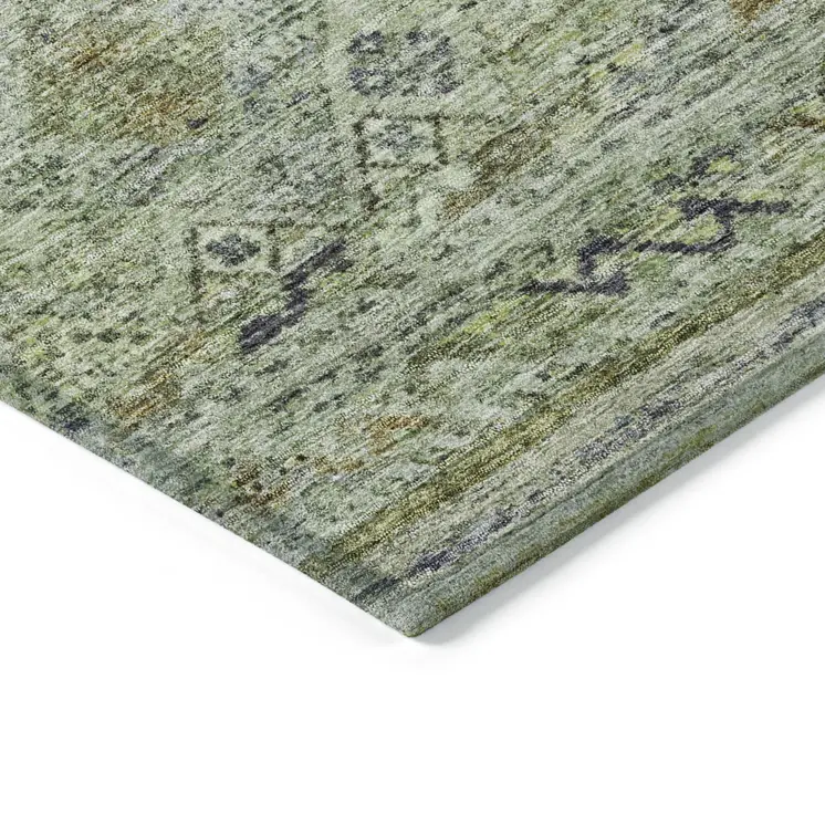 3' X 5' Artichoke Green Blue And Black Floral Washable Indoor Outdoor Area Rug