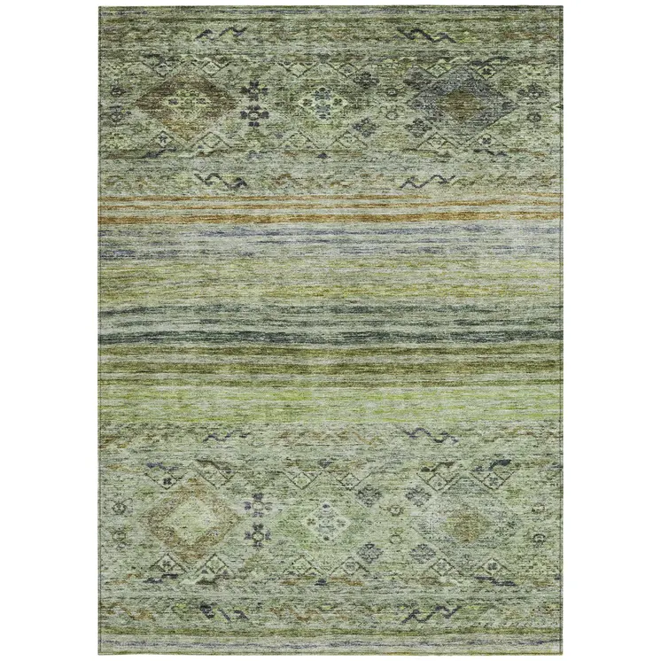3' X 5' Artichoke Green Blue And Black Floral Washable Indoor Outdoor Area Rug