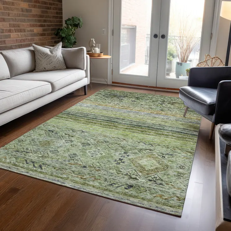 3' X 5' Artichoke Green Blue And Black Floral Washable Indoor Outdoor Area Rug