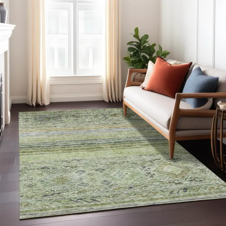 3' X 5' Artichoke Green Blue And Black Floral Washable Indoor Outdoor Area Rug