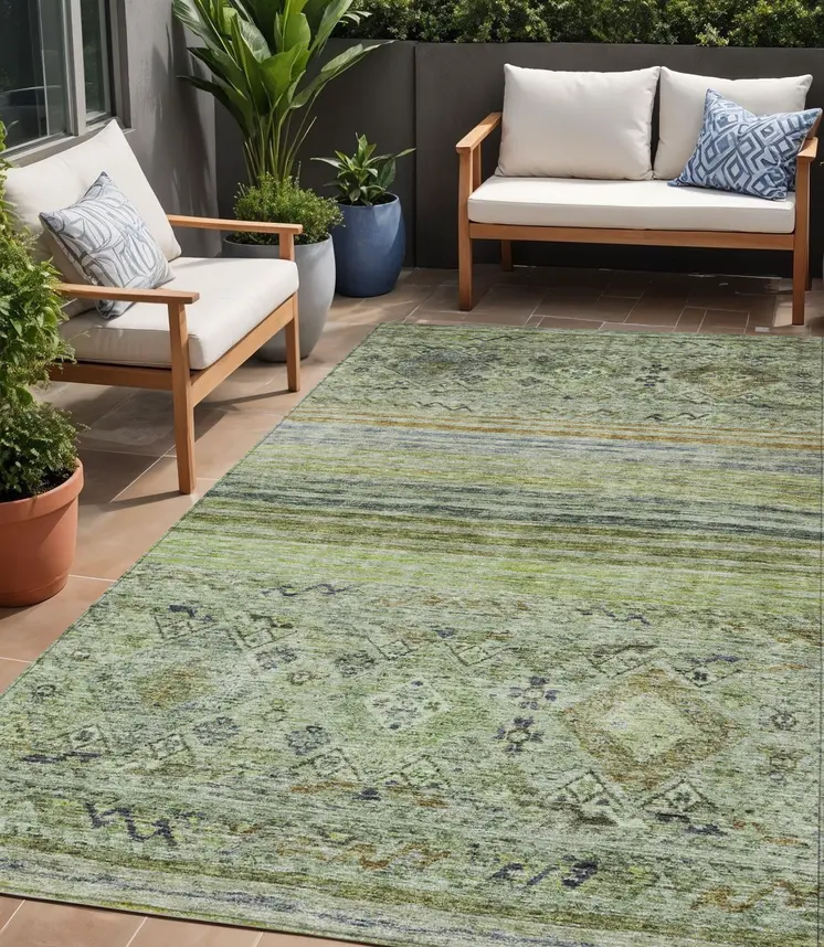5' X 8' Artichoke Green Blue And Black Floral Washable Indoor Outdoor Area Rug