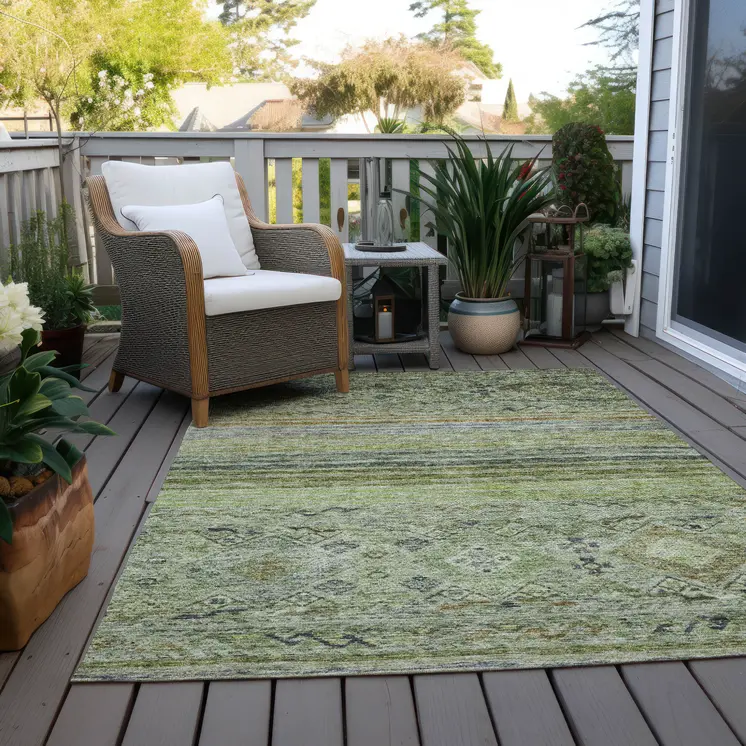 5' X 8' Artichoke Green Blue And Black Floral Washable Indoor Outdoor Area Rug