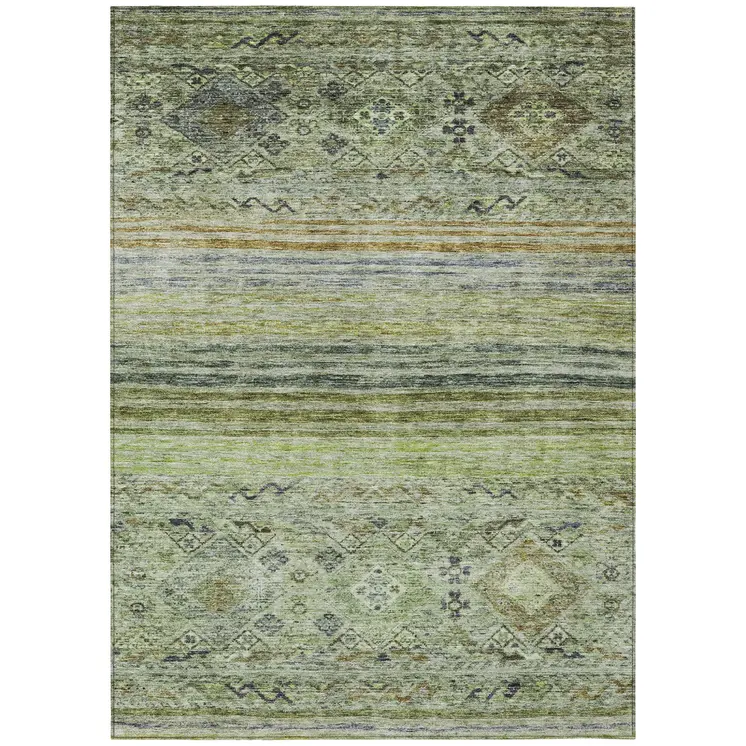 5' X 8' Artichoke Green Blue And Black Floral Washable Indoor Outdoor Area Rug