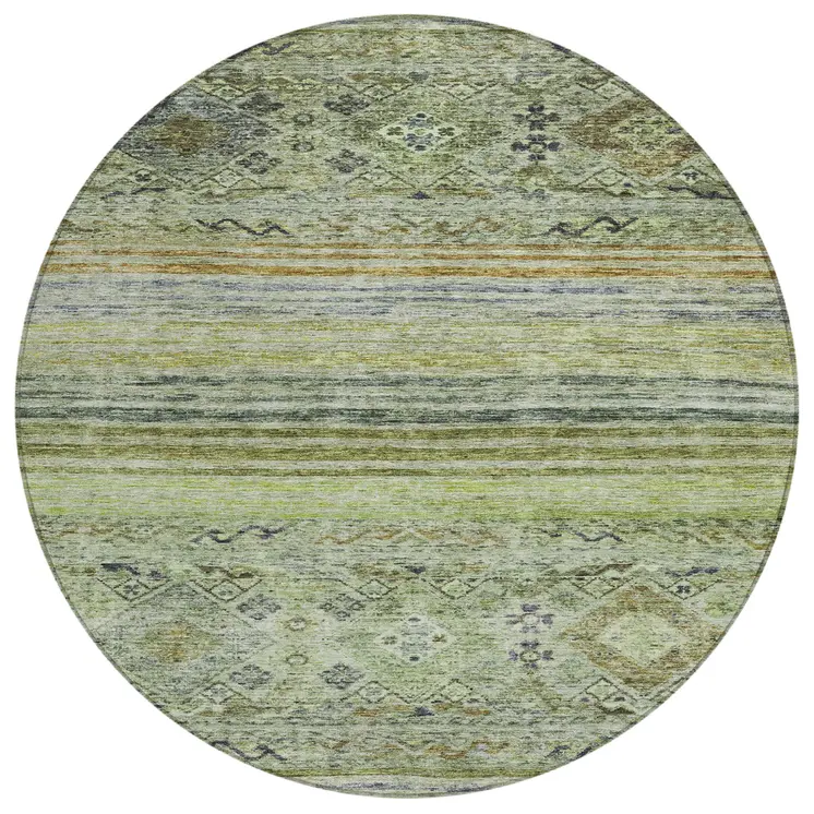 8' Artichoke Green Blue And Black Round Floral Washable Indoor Outdoor Area Rug