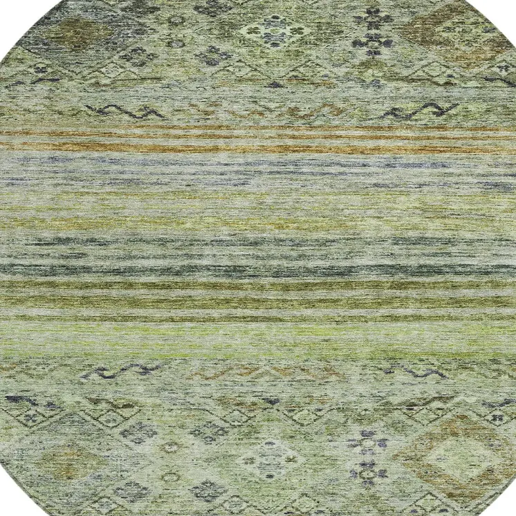 8' Artichoke Green Blue And Black Round Floral Washable Indoor Outdoor Area Rug