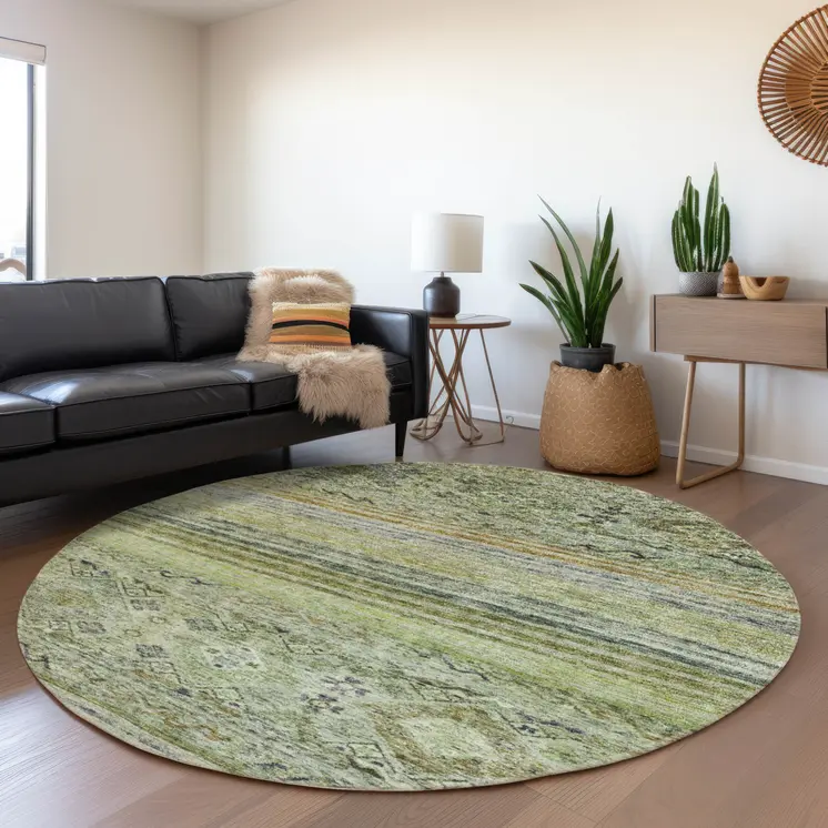 8' Artichoke Green Blue And Black Round Floral Washable Indoor Outdoor Area Rug
