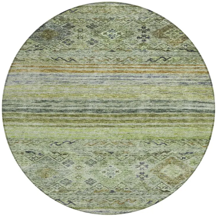 8' Artichoke Green Blue And Black Round Floral Washable Indoor Outdoor Area Rug