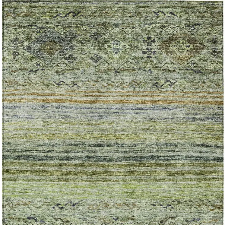 8' X 10' Artichoke Green Blue And Black Floral Washable Indoor Outdoor Area Rug