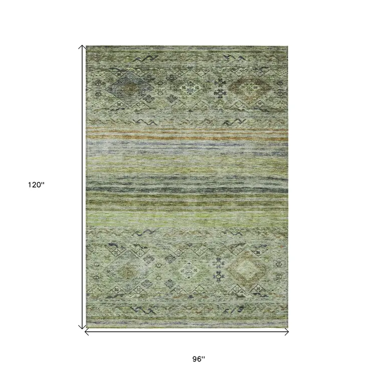 8' X 10' Artichoke Green Blue And Black Floral Washable Indoor Outdoor Area Rug