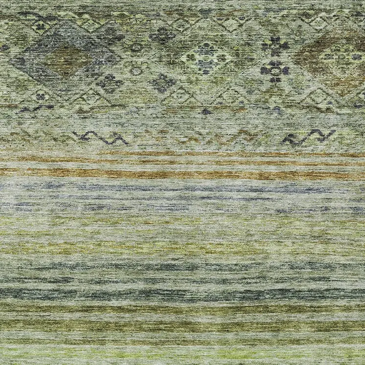 8' X 10' Artichoke Green Blue And Black Floral Washable Indoor Outdoor Area Rug