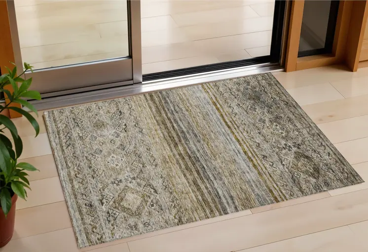 3' X 5' Brown Tan And Black Floral Washable Indoor Outdoor Area Rug