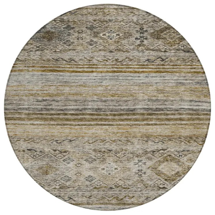 8' Brown Tan And Black Round Floral Washable Indoor Outdoor Area Rug