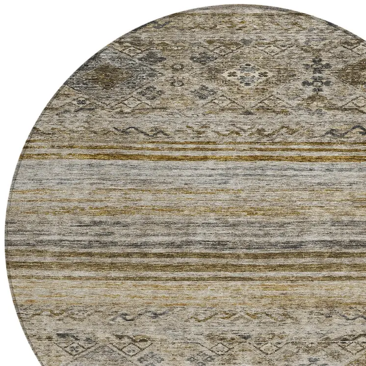 8' Brown Tan And Black Round Floral Washable Indoor Outdoor Area Rug