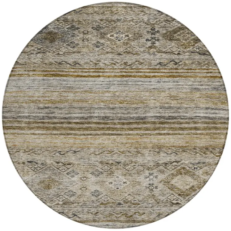 8' Brown Tan And Black Round Floral Washable Indoor Outdoor Area Rug