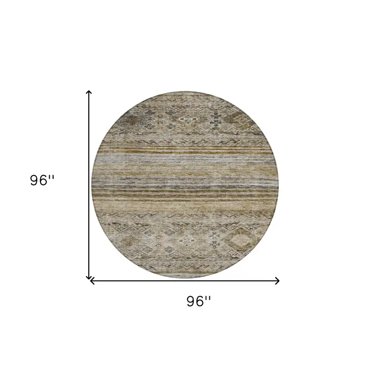 8' Brown Tan And Black Round Floral Washable Indoor Outdoor Area Rug