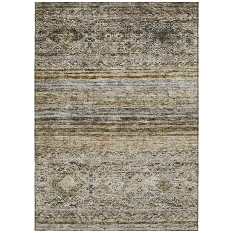8' X 10' Brown Tan And Black Floral Washable Indoor Outdoor Area Rug