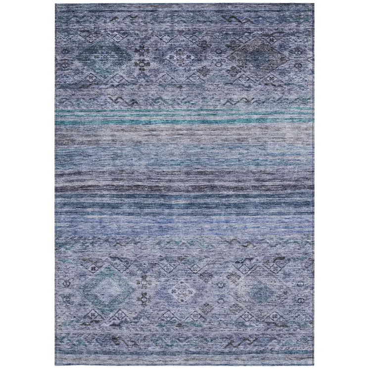 3' X 5' Blue Aqua And Charcoal Floral Washable Indoor Outdoor Area Rug