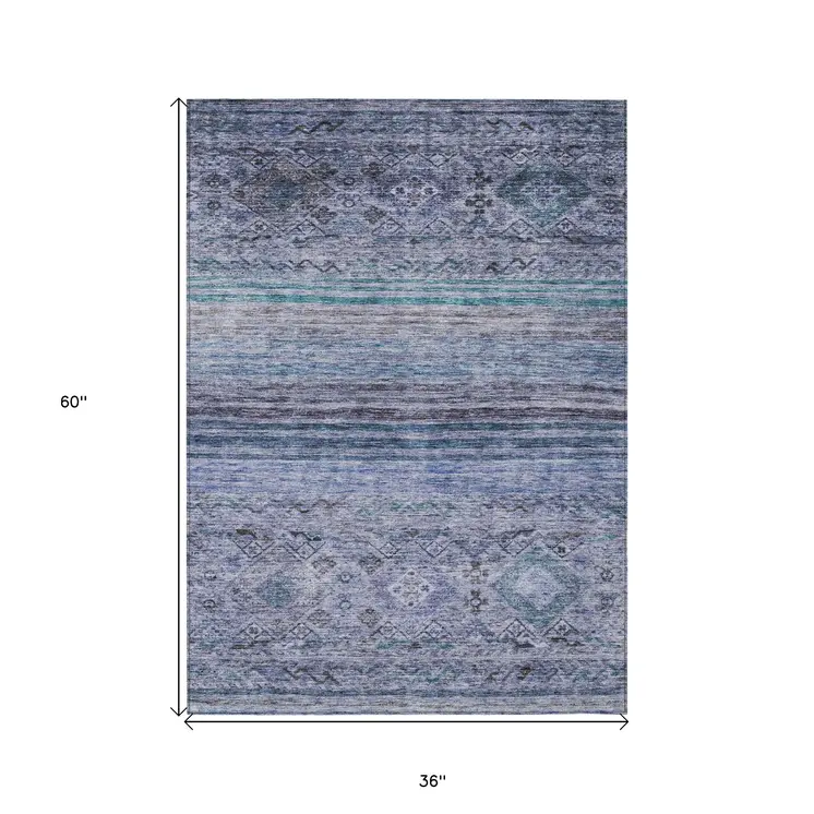 3' X 5' Blue Aqua And Charcoal Floral Washable Indoor Outdoor Area Rug