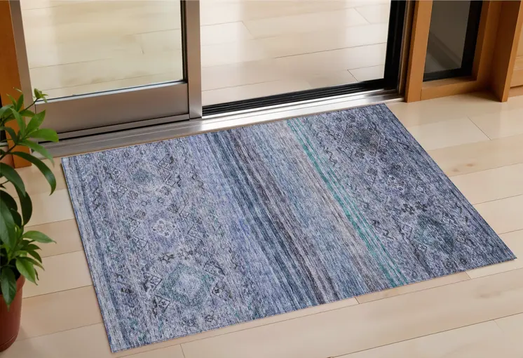 3' X 5' Blue Aqua And Charcoal Floral Washable Indoor Outdoor Area Rug